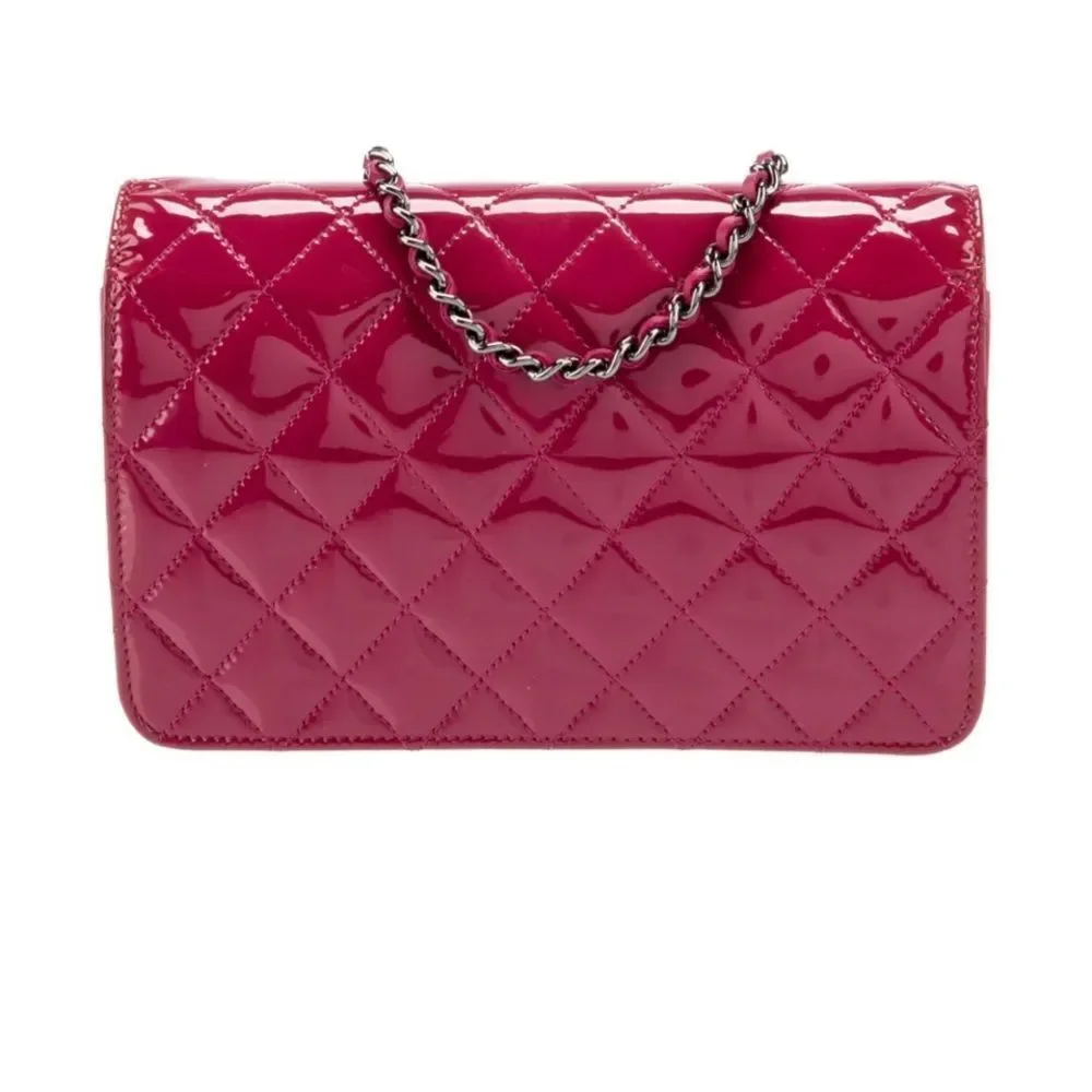 Auth Chanel Brilliant Pink Quilted Patent Leather Wallet on Chain (WOC) Clutch